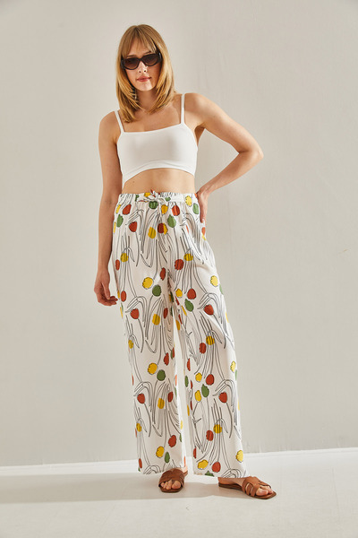 Bianco Lucci Ecru Linen Trousers - Patterned and Elastic Waist, Women's,60101056