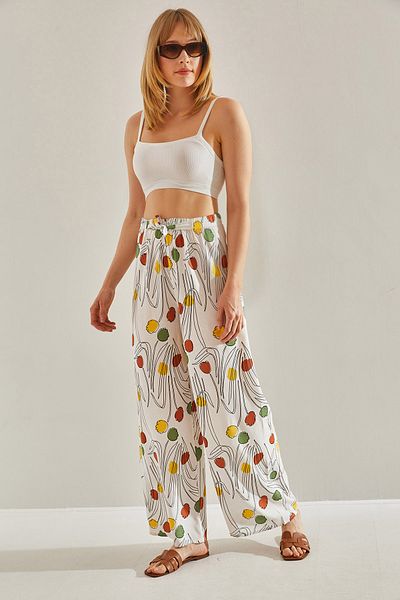 Bianco Lucci Ecru Linen Trousers - Patterned and Elastic Waist, Women's,60101056