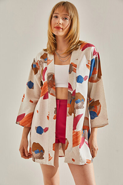 Bianco Lucci Kimono de damă, bej-albastru, cu modele multiple, kimono60081025