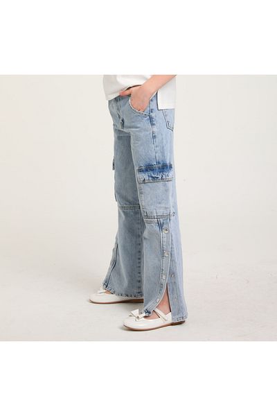 Escabel Çaren Kids- Pantaloni din denim pentru fete cu buzunare cargo cu fermoar cu fermoar