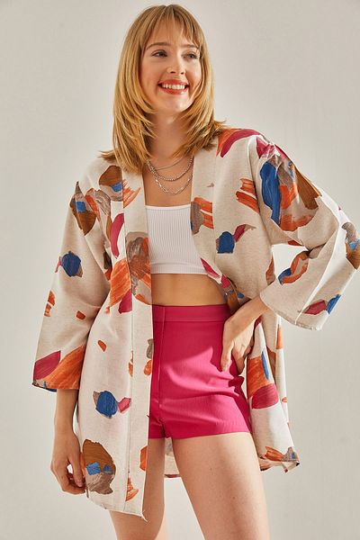 Bianco Lucci Dámské béžovo-modré kimono kimono s mnoha vzory60081025