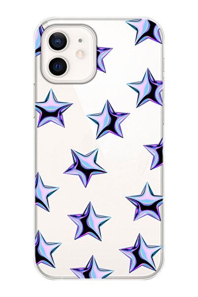 shoptocase Iphone 12 Uyumlu Mor Yıldızlar Desenli Şeffaf Silikon Telefon Kılıfı