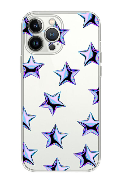 shoptocase Iphone 14 PRO MAX Uyumlu Mor Yıldızlar Desenli Şeffaf Silikon Tele...