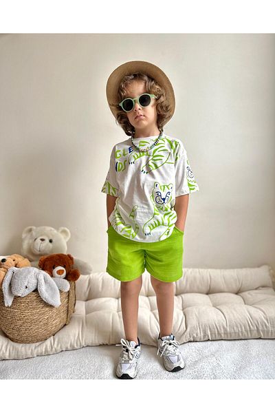 Jolly Kids Green Lion Printed Boy's Set with Linen Shorts