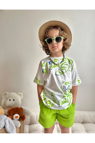 Jolly Kids Green Lion Printed Boy's Set with Linen Shorts
