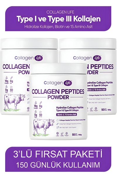 COLLAGEN LIFE 3-Pack 100% Hydrolyzed Collagen Peptides Food Supplement Containing Biotin And 15 Amino Acids 150 Daily