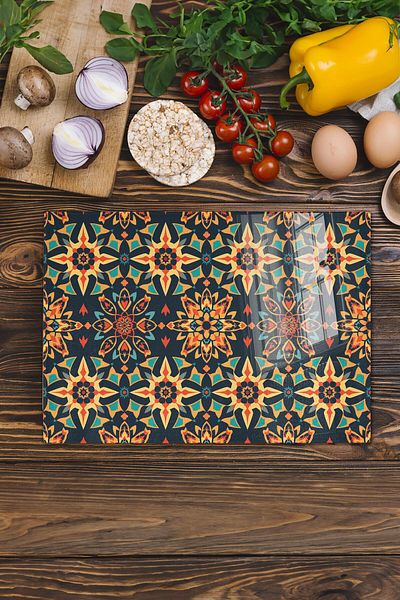 Postifull Glass Cutting Board, Chopping Board, Ethnic Boho Pattern, Thick and Tempered Unbreakable Glass, 21*30cm