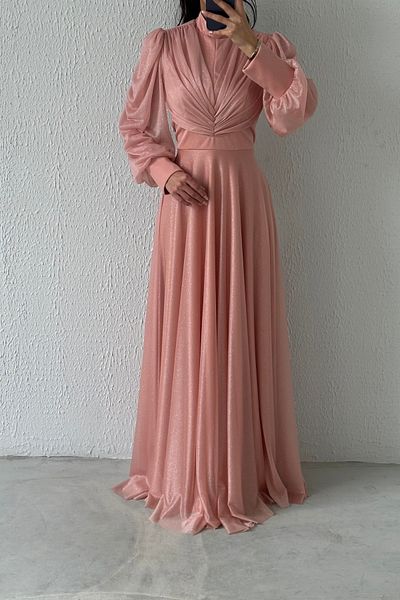LEYUZE BUTİK Drape Detailed Glittery Hijab βραδινό φόρεμα σε σκόνη