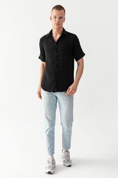 EtkiModa Мъжка черна риза с къс ръкав, 100% памук, стандартна кройка, от креп муселин