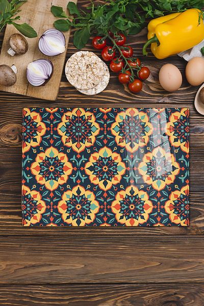 Postifull Glass Cutting Board, Chopping Board, Ethnic Boho Pattern, Thick and Tempered Unbreakable Glass, 21*30cm