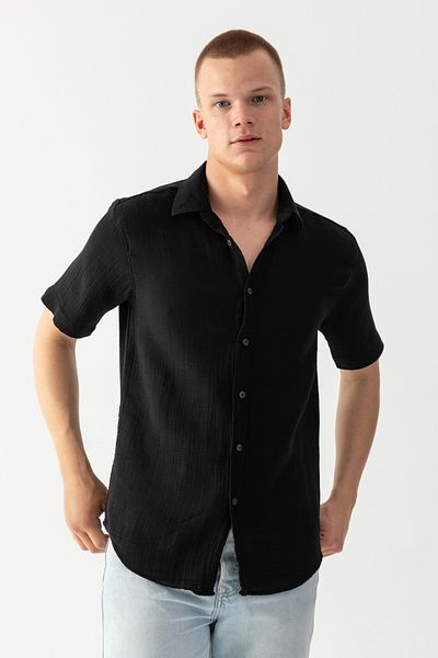 EtkiModa Мъжка черна риза с къс ръкав, 100% памук, стандартна кройка, от креп муселин