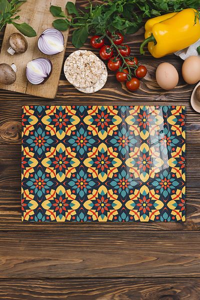 Postifull Glass Cutting Board, Chopping Board, Ethnic Boho Pattern, Thick and Tempered Unbreakable Glass, 21*30cm