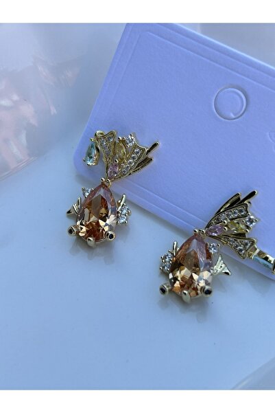 ByMerve Bym140 Altın Kaplama Tasarım Balık Taşlı Turuncu Kadın Çelik Küpe