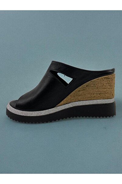 Mammamia D24yt-2030 Genuine Leather Black Women's Daily Slippers