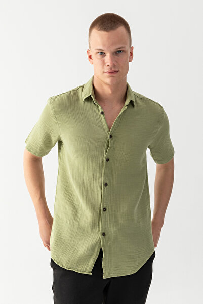 EtkiModa Cămașă de muselină cu mânecă scurtă, 100% bumbac, de culoare verde, ...
