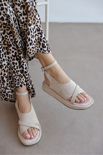 selinshoes Sandale de damă Lesley Stripe cu curea la gleznă - BEIGE SUEDE