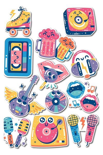 Postifull 90's Music Themed Sticker and Label Set - Medium Size - Waterproof, Thick Adhesive Sticker Set