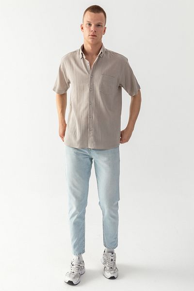 EtkiModa Ανδρικό γκρι 100% βαμβακερό υφαντό κοντό μανίκι υφασμάτινο πουκάμισο με λεπτομέρεια τσέπης