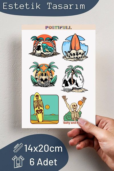 Postifull Skull Beach Sticker Set - 6 Pieces Sticker Set - Phone, Tablet, Notebook Laptop Compatible Sticker