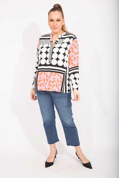 Şans Women's Colorful Large Size V-Neck Cuffed Woven Viscose Fabric Blouse 65n35652