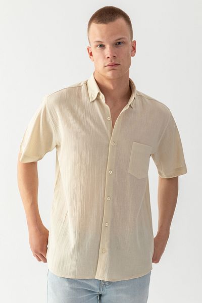 EtkiModa Ανδρικό μπεζ 100% βαμβακερό πουκάμισο με κοντό μανίκι, άνετο κομμένο, λεπτομερές ύφασμα με τσέπη
