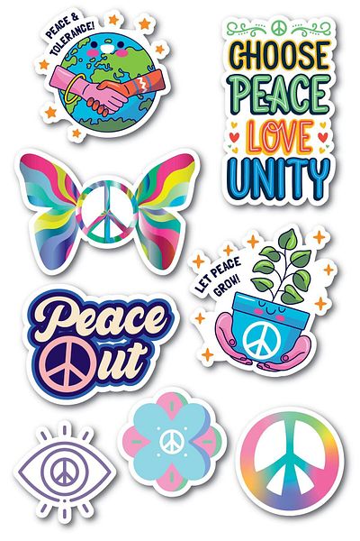 Postifull Peace Themed Sticker Set - 8 Piece Sticker Set - Phone, Tablet, Notebook Laptop Compatible Stickers