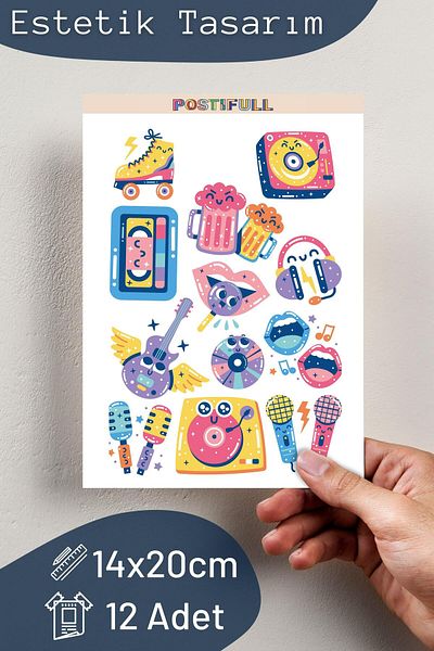 Postifull 90's Music Themed Sticker and Label Set - Medium Size - Waterproof, Thick Adhesive Sticker Set