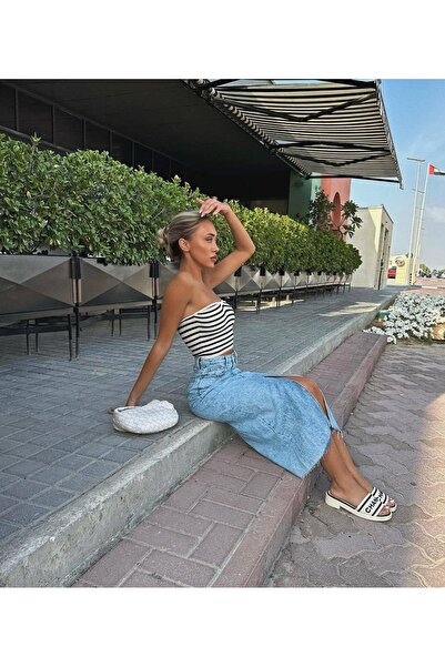 BE PROJECT Kalp Yaka Çizgili Starplez Crop Bluz