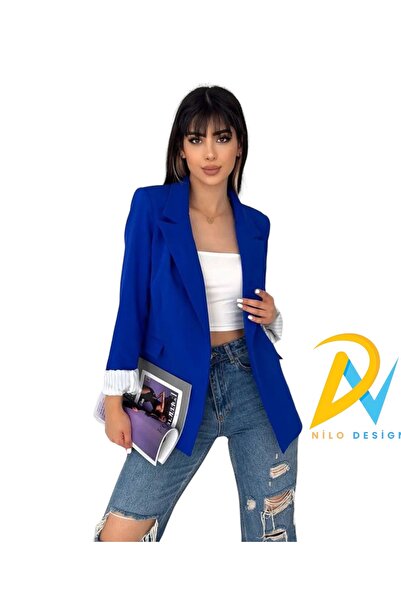 NILOO Kadın Blazer Düğmesiz Cepli Çizgili Astarlı Katlanılabilir Kol Blazer Ceket