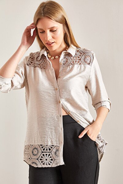ubmbutik Kadın Gömlek - Dantel Detaylı - Kol Katlamalı Gömlek