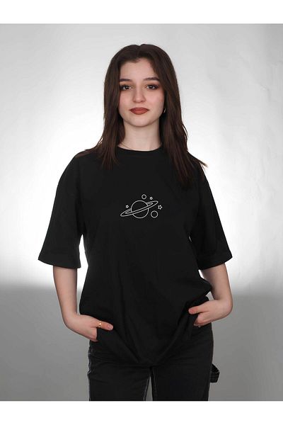 Darkia Дамска тениска с щампа Planet Custom Design, черна, голям размер