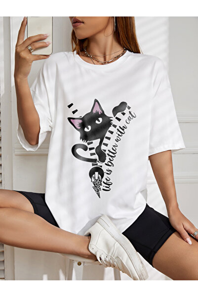 LEMIRA υπερμεγέθη μπλουζάκι με στάμπα γάτας