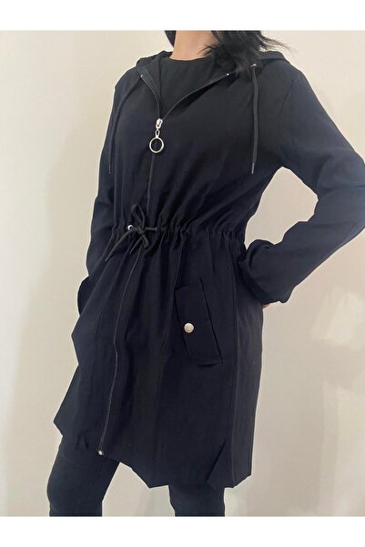 Lotus Boutique BELİ İPLİ KAPŞONLU SİYAH TUNİK SWEAT CEKET