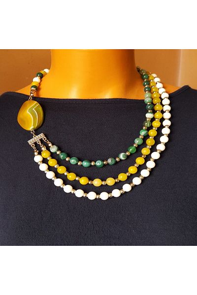 Asteria Elite Green Agate Peridot Howlite Three Row Balance, Positive Energy and Calmness Necklace