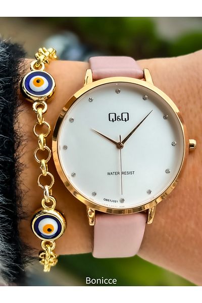 Q&Q Pink Color Brand Retro Women's Wristwatch - Waterproof and Simple Leather Cord, Rose Case + Bracelet