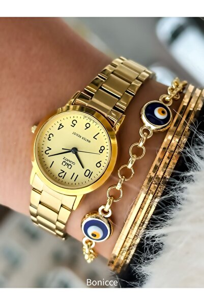 Q&Q Marka Çelik Kordon, Su Geçirmez, 2 Yıl Garantili Altın Renk Küçük Kasa Kadın Kol Saati+bileklik