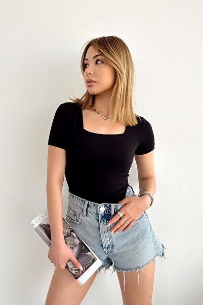 ubmbutik بلوزة نسائية - كم قصير - رقبة مربعة - بلوزة فيسكوز بلون سادة