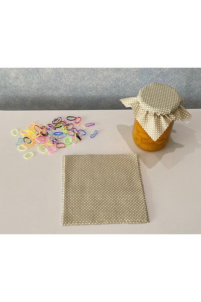 AdaEsintisi 50 Pieces of Polka Dot Beige Jar Lid Fabric (Cover) and Colored Binding Rubber