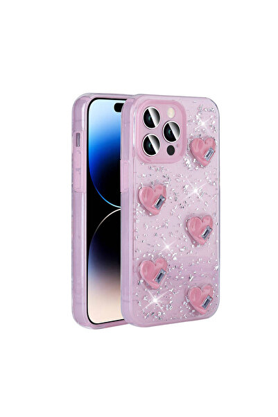 Rivor Apple iPhone 14 Pro Max Kılıf Kamera Çıkıntılı Simli Kalp Kabartmalı Ar...