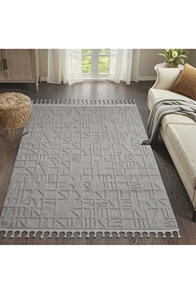 SARAZ HALI Bukle11883 Gri Yumuşak Dokulu Halı Kilim Salon Mutfak Koridor Kesme Yolluk Dokuma Makine Halısı