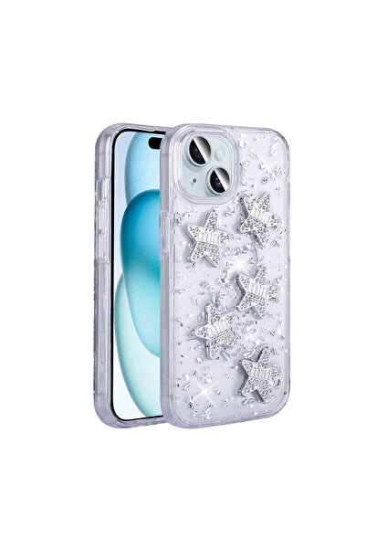 Rivor Apple iPhone 14 Kılıf Kamera Çıkıntılı Airbagli Simli Yıldız Kabartmalı...
