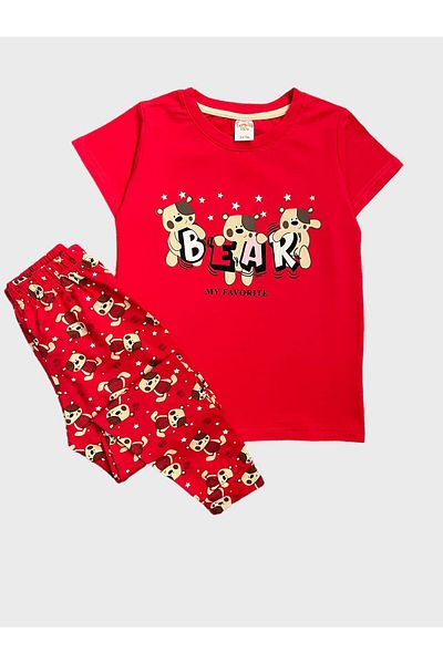 elmas kids Girl's 100% Cotton Bear Teddy Bear Patterned Short Sleeve Summer Pajama Set