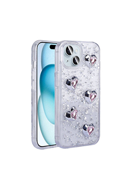 Rivor Apple iPhone 14 Kılıf Kamera Çıkıntılı Airbagli Simli Kalp Kabartmalı A...