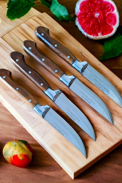 SWENCRAFT Mutfak Sebze Et Ekmek Bıçak Seti 4'lü Çeyiz Seti Ahşap Ceviz Sap 25 Cm