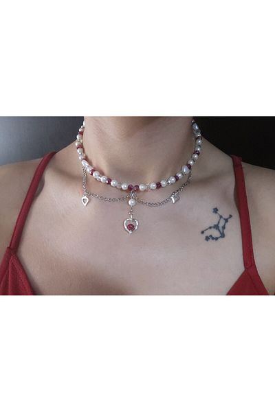 LE&DA Accessory Fairycore Special Design Pearl Necklace With Red Heart Does Not Darken