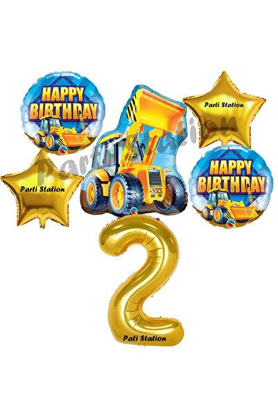 Parti Station İnşaat Konsept 2 Yaş Doğum Günü Balon Set Kamyon Kepçe Balon ve...