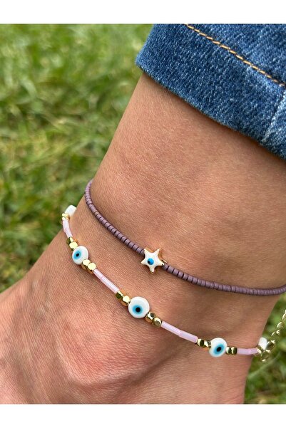 ByMerve Bym287 2'li Pembe Kristal Ve Nazar Boncuklu Uzunluk Ayarlı Takım Kadı...