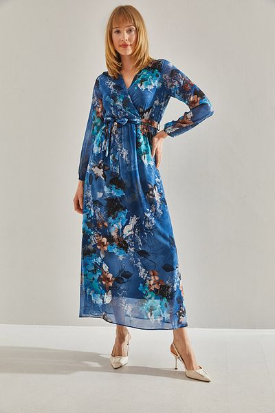 Bianco Lucci Blaues Chiffonkleid für Damen, gefüttert, elastischer Bund, V-Ausschnitt, zweireihig, mit Gürtel 60251001
