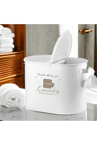 Laundry Μεταλλική θήκη απορρυπαντικού με καπάκι και θήκες - Λευκό Lr030