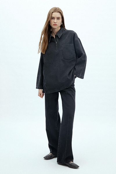Manuka DENIM BLUZ SCHWARZ HEMDKRAGEN